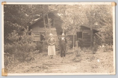 Vintage Photo Older Couple Log Home-Large Tear See Pic 5.0x7.5 in