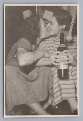 2 Women Kissing With Alcohol Bottle - Vintage Photo