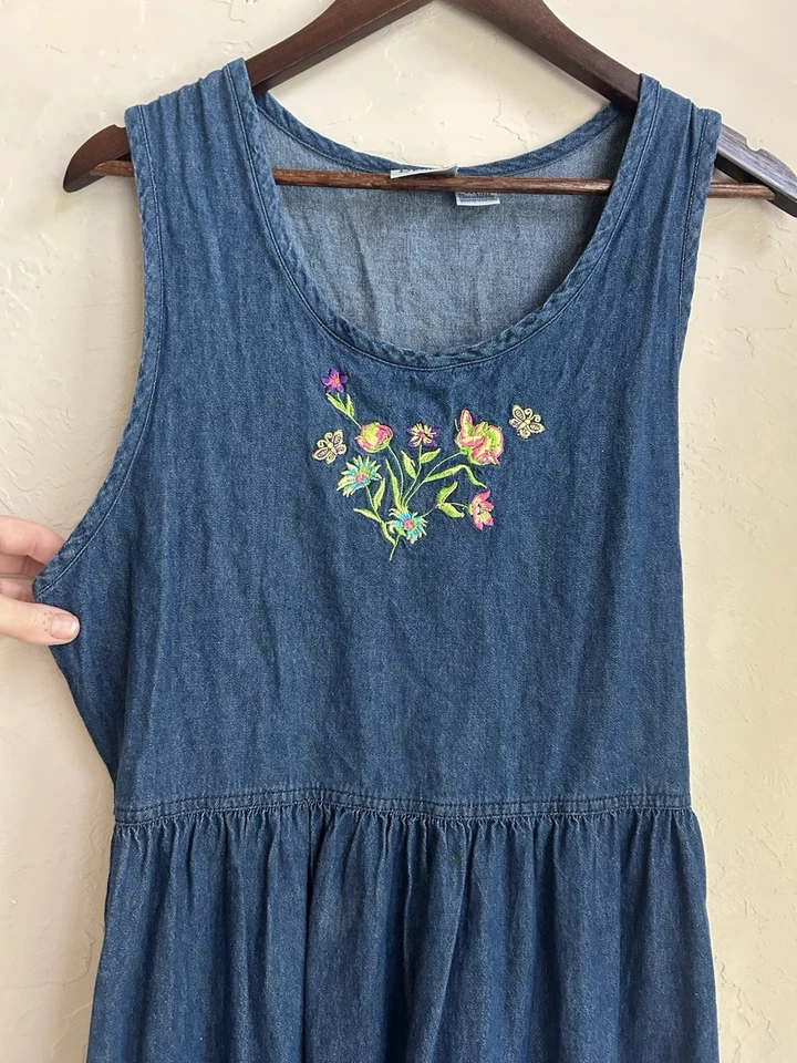 Lindo Vestido Midi Vintage Años 90 Y2K Denim Delantal Mariposa Coqueta Cottagecore Foto 4 de 4