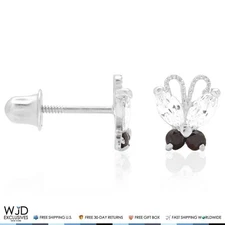 14K White Gold Zircon & Onyx Butterfly Baby Screw Back Stud Kids Earrings
