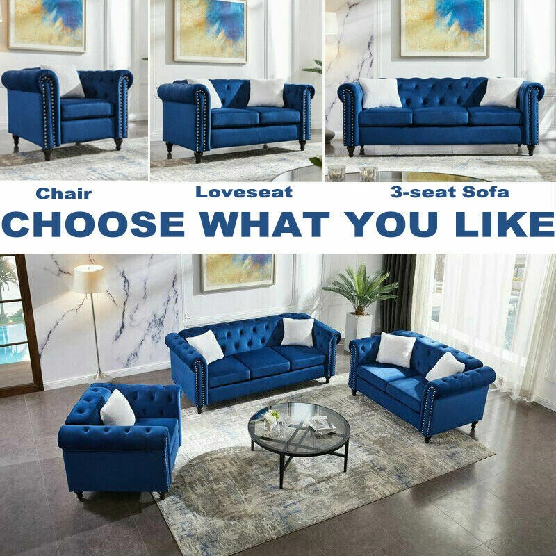 Blue tufted loveseat deals