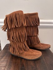 Minnetonka Moccasin 1632 Suede Layer Boots Tiered Fringe Women's Size 7 Brown