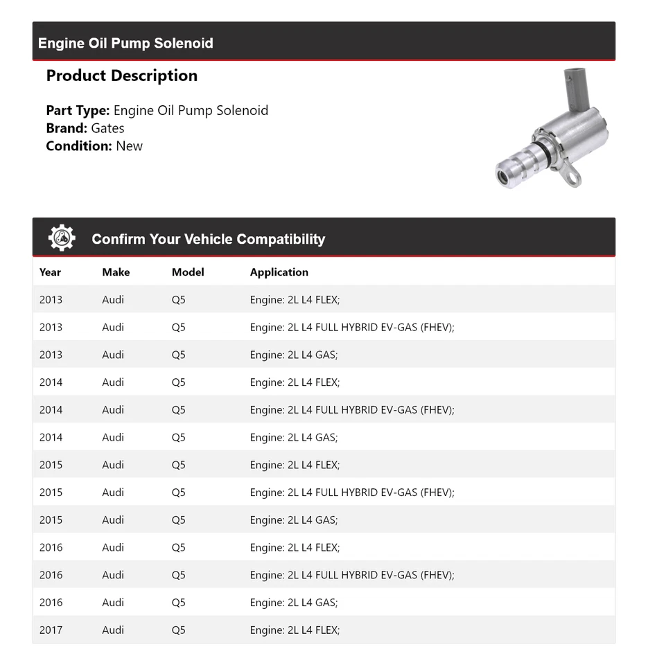 Portões solenóides bomba de óleo do motor Audi Q5 2013-2017 2014 2015 2016 - Imagem 2 de 4