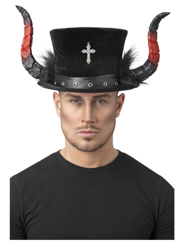 Deluxe Teufel Zylinder Mit Hörnern & Marabou Halloween Kostüm Zubehör - Bild 1 von 1