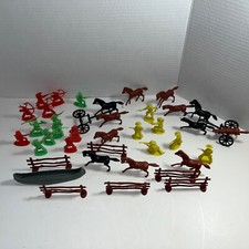 Lot of Vintage Green Red Yellow Plastic Cowboys  Indians Figures w Horse Canoe