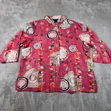 Poeme by Citron Blouse Womens Pink XL Floral Cotton Silk Button Down 3/4 Sleeve