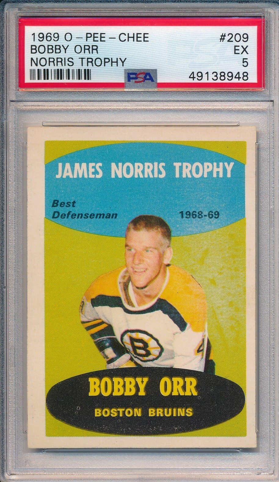 1969 O-PEE-CHEE #209 BOBBY ORR, NORRIS TROPHY - PSA 5 EX (SVSC) - CENTERED!