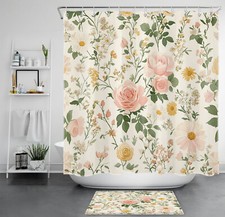 Green Leaf Pink Rose Yellow Wildflower Shower Curtain Set for Bathroom Decor