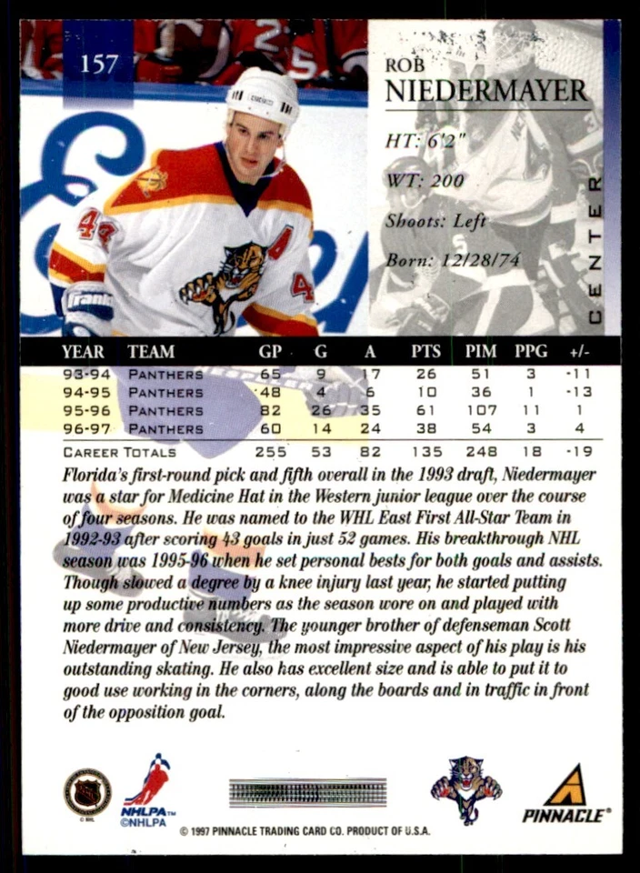 1997-98 Pinnacle Rob Niedermayer Florida Panthers #157 - Image 2 of 2