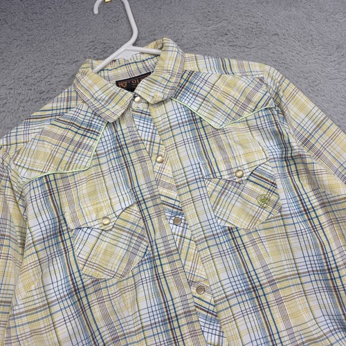 Ariat Blouse Womens L Yellow Blue Pearl Snap Plaid Western Cowgirl Ranch Rodeo - Picture 4 of 15
