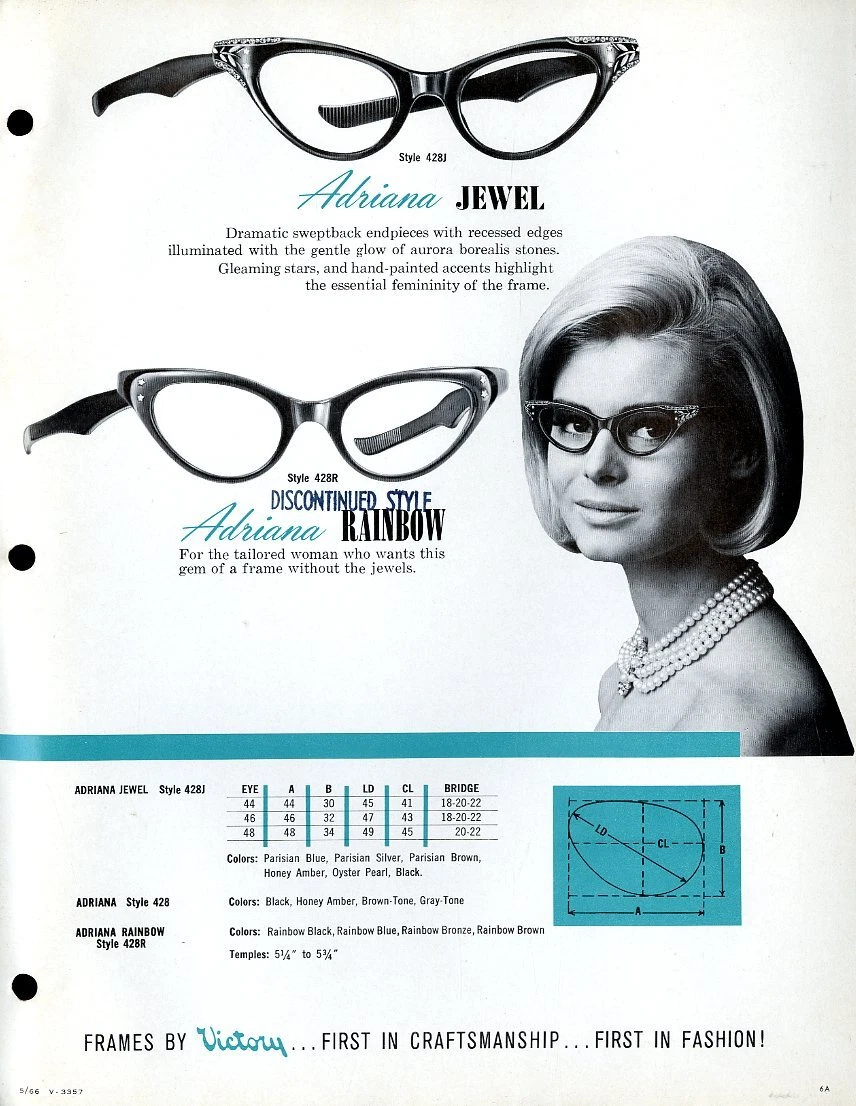Vintage Victory Optical Cat Eye Glasses ADRIANA Advertising Sales Spec Sheet '66