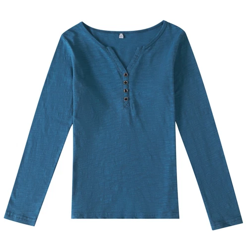 Womens Cotton Long Sleeve T Shirt Loose V Neck Slub Cotton Casual Blouse Tops US - Bild 7 von 49