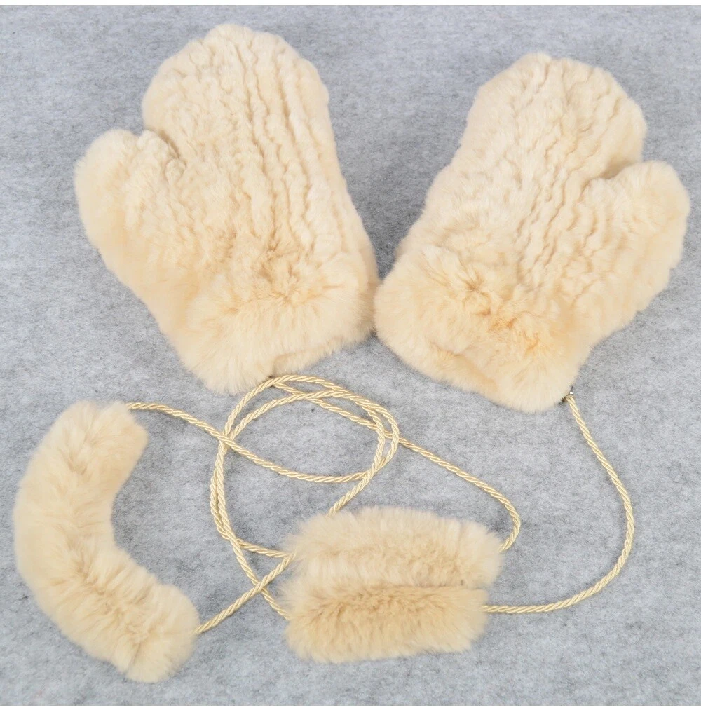 Real Biege Rex Rabbit Fur Winter Warm Gloves Mittens With Hanging String