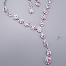 Pink CZ Heart Y Necklace Earring Set Bridal Wedding Jewelry Silver Tone Gift