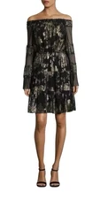 Kobi Halperin Ainsley Black Gold Metallic Off Shoulder Silk Dress Sz Small