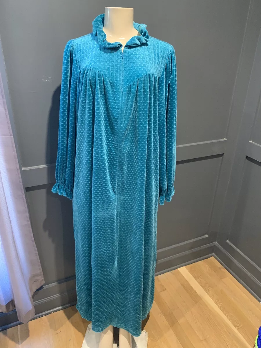 Vintage Gilligan O Malley Size XL Robe Teal Velour Ruffle 1 2 Zip