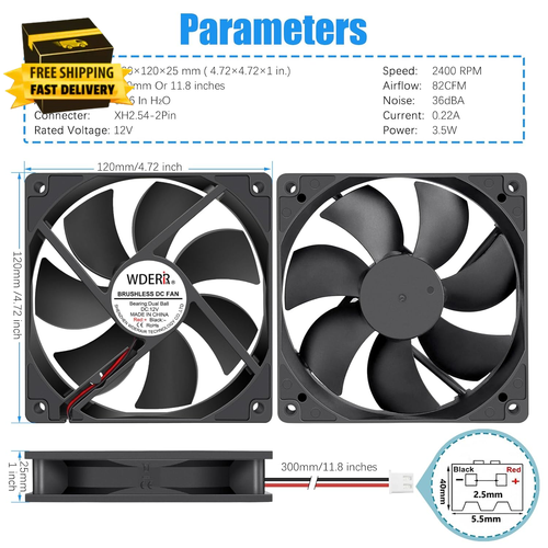 120Mm X 25Mm 12V DC Computer Brushless 2Pin PC Case Cooling Fan 2-Pack Dual - Picture 5 of 7