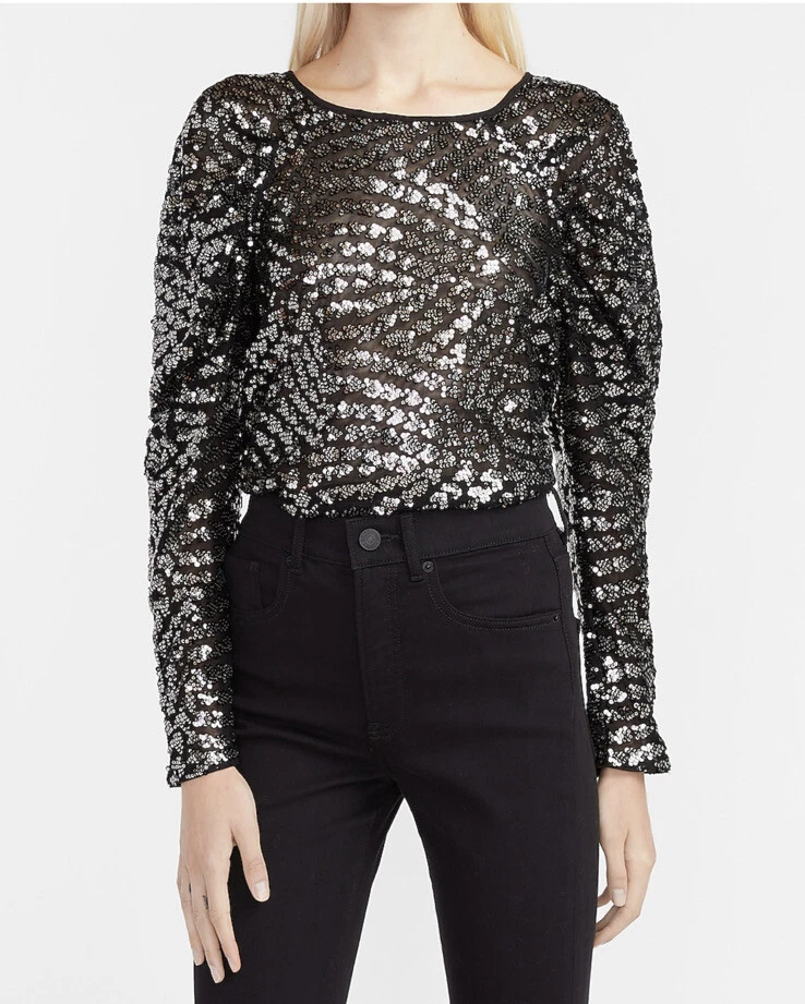 Black Sequin Long Sleeve Crop Top