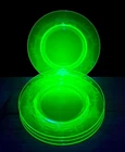 Vintage Set 4 Uranium Glass Saucer Plates 7" Etched Floral UV Glow