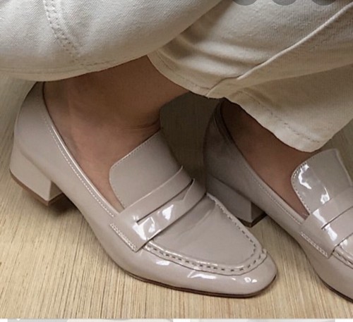 beige patent loafers