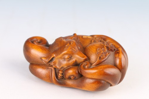 Japanischer Buchsbaum handgeschnitzte Fuchsfigur Statue Netsuke Sammlerstück Geschenk - Bild 1 von 6