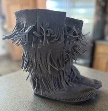 MINNETONKA Fringe Moccasin Tall Gray Boots Hippie Grunge Women's Size 7