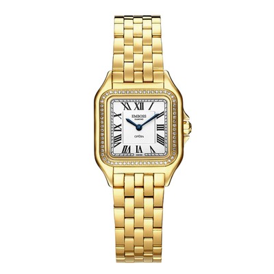 EMBOSS Opera Gold Watch, Roman Numerals, 18K PVD, 64 Diamonds, Swiss Movement