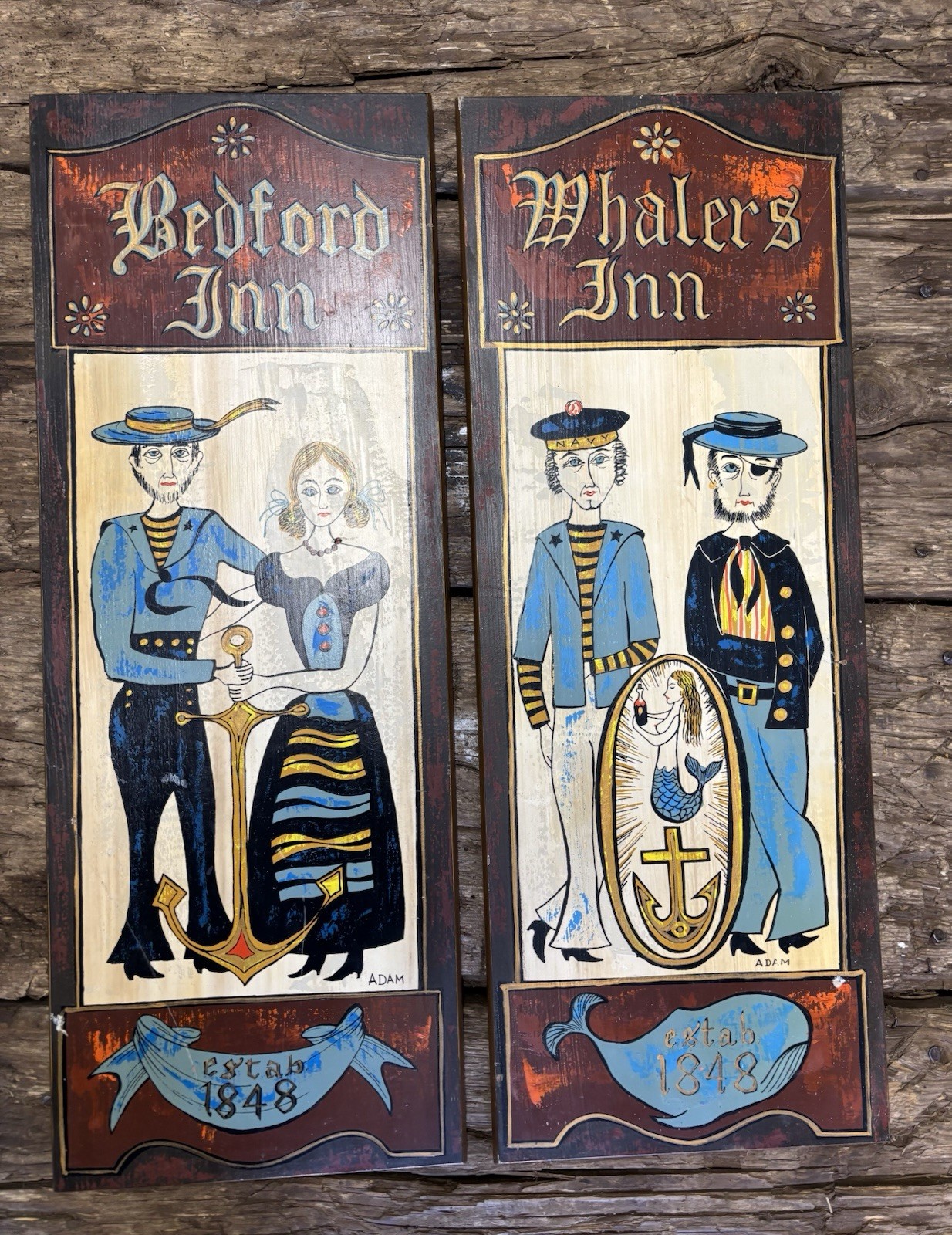Whalers Inn / Bedford Inn Established 1884 Wooden Signs 30” X 11”