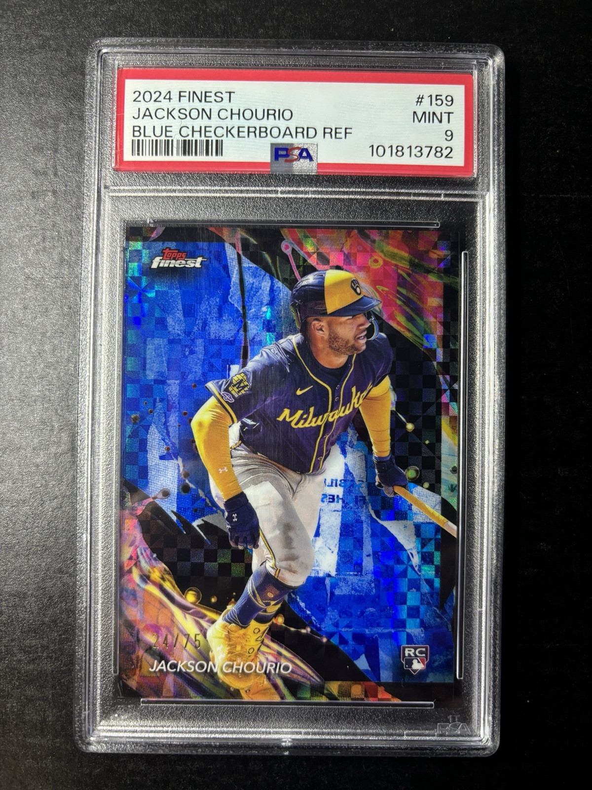 2024 Topps Finest Jackson Chourio Blue Checkerboard Uncommon /75 PSA 9 RC #159