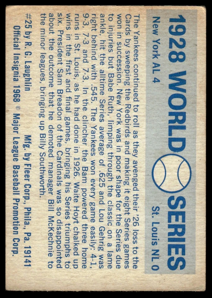1970 Fleer World Series #25 1928 -Yankees - Babe Ruth / Lou Gehrig - Image 2 of 2