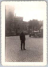 Vtg B&W Snapshot Soldier In Uniform On Cobblestone Square By Castle & Car 1940s