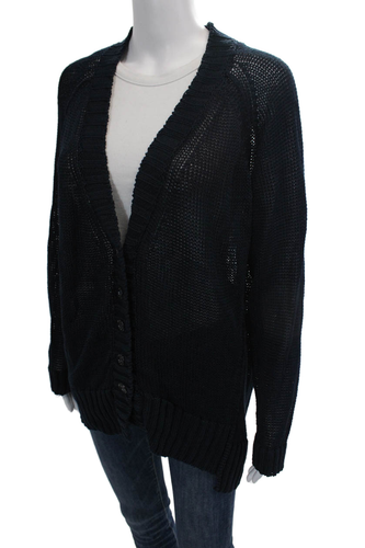 Christopher Fischer Womens Linen Open Knit V-Neck Cardigan Sweater Navy Size M - Picture 2 of 5