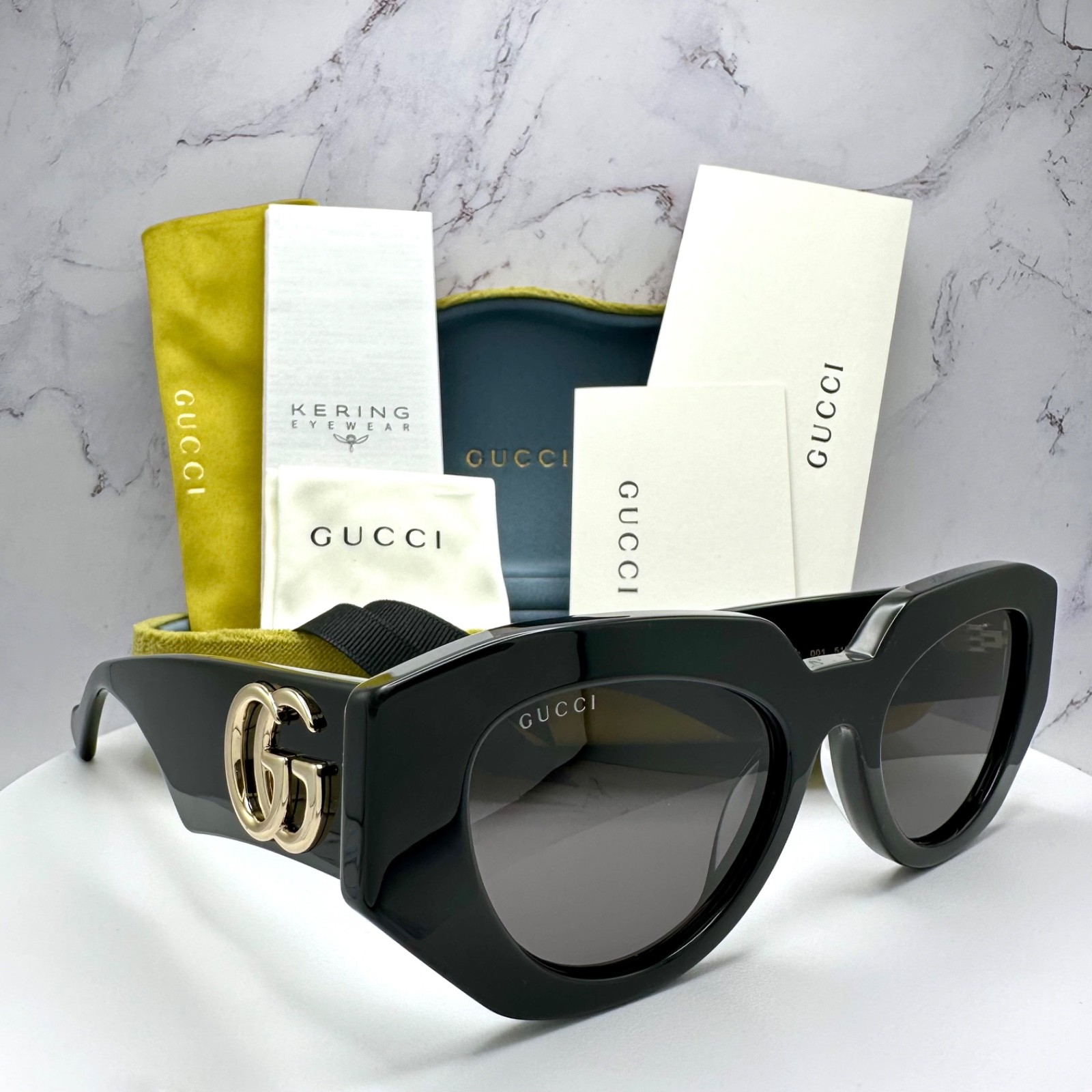 Gucci Sunglasses GG1421S 001 Black Cat Eye Gold Metal Interlocking GG Logo thumbnail 4