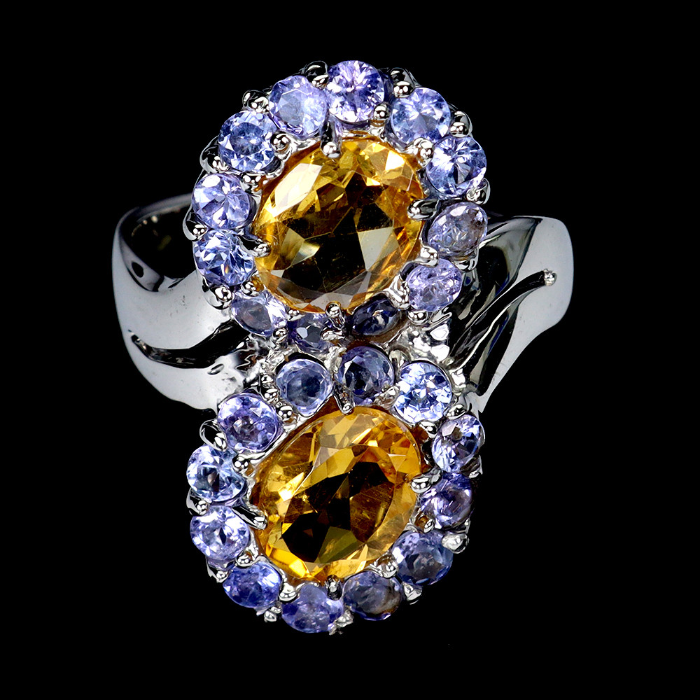 925 Sterling Silver Oval Citrine and Tanzanite Gemstone Ring Size 7