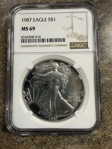 1987 Silver American Eagle (NGC MS-69) Brown Label Nice Coin