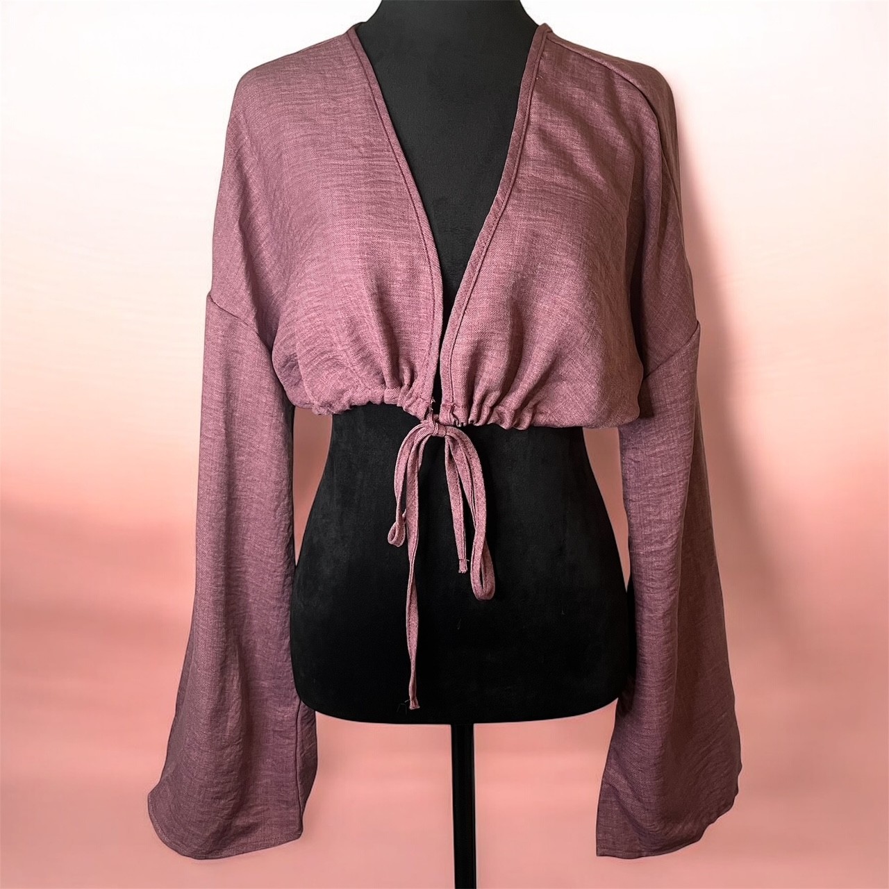 MUSERA Women’s Tie Front Crop Top XL Pink Long Bell Sleeve Lightweight Boho Loun