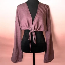 MUSERA Women’s Tie Front Crop Top XL Pink Long Bell Sleeve Lightweight Boho Loun