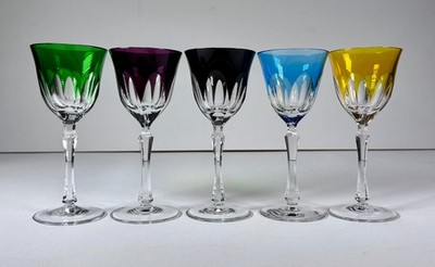 Val Saint Lambert Attributed Set of 5 Cut Crystal Wine Glasses 7.75'' Belgium