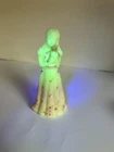 Fenton Uranium Burmese Hand Painted Glass Girl With Teddy Bear Figurine, Signed