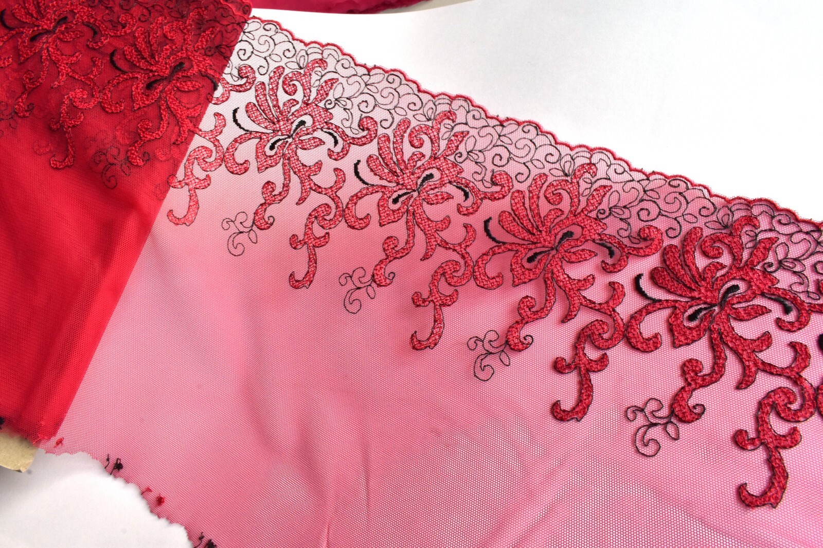 Large 28cm 11" Wide Red Floral Lace Embroidered Mesh Fabric Sewing