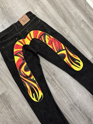EVIS No.1 Model RED PAINT VINTAGEDENIM稀少 Evisu Jeans Vintage Denim -Red&yellow Flame - Size 32 *rare