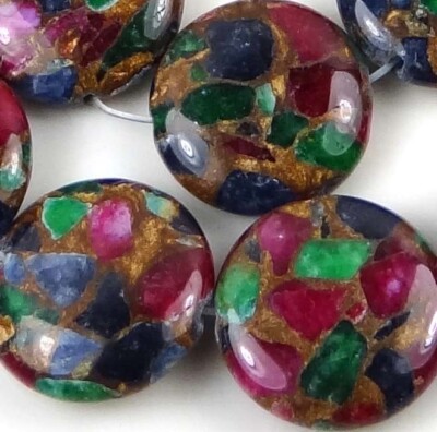 20mm Ruby Sapphire Emerald in Quartz with Pyrite Disc Coin Beads (10)