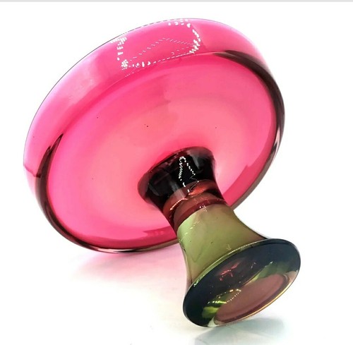 Seguso Glass Compote Murano Sommerso Glass Pedestal Dish Pink & Green Watermelon - Picture 2 of 8