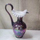 Fenton Museum Collection Plum Iridescent Handpainted Pitcher Vase Signed 90 Year