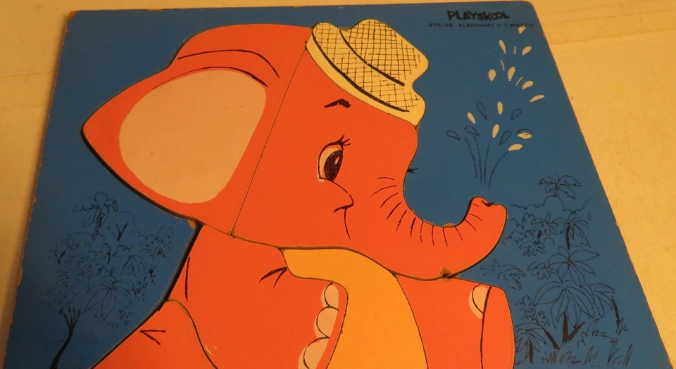 Vintage Blue Playskool 275-36 Pink Elephant Wooden Puzzle Wood Tray 7 pc Used - Image 4 of 4