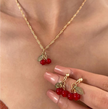 1Trendy 8K Gold Necklace Dangle Earrings Set Red Gemstone Pendant Jewelry Women