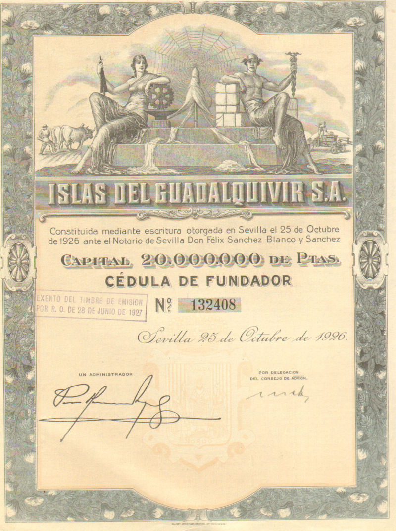 Islands of Guadalquivir 高い素材 > 1926 Seville Islas certi 最大66％オフ de bond Spain