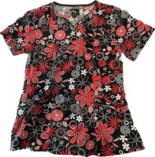 Peaches Sport Women's Medical Dental Vet Scrub Top Size XS Black Red Flowers