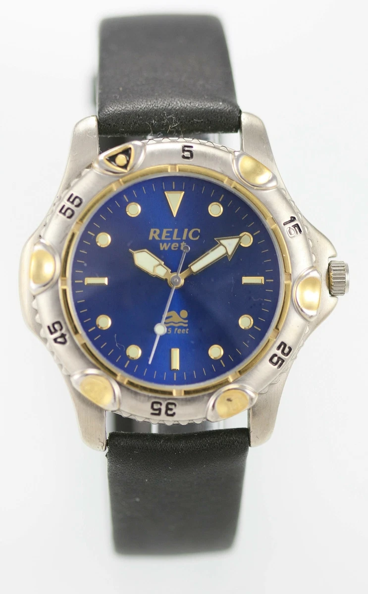 Relic Wet Mens Watch Stainless Silver Gold Black Leather 50m