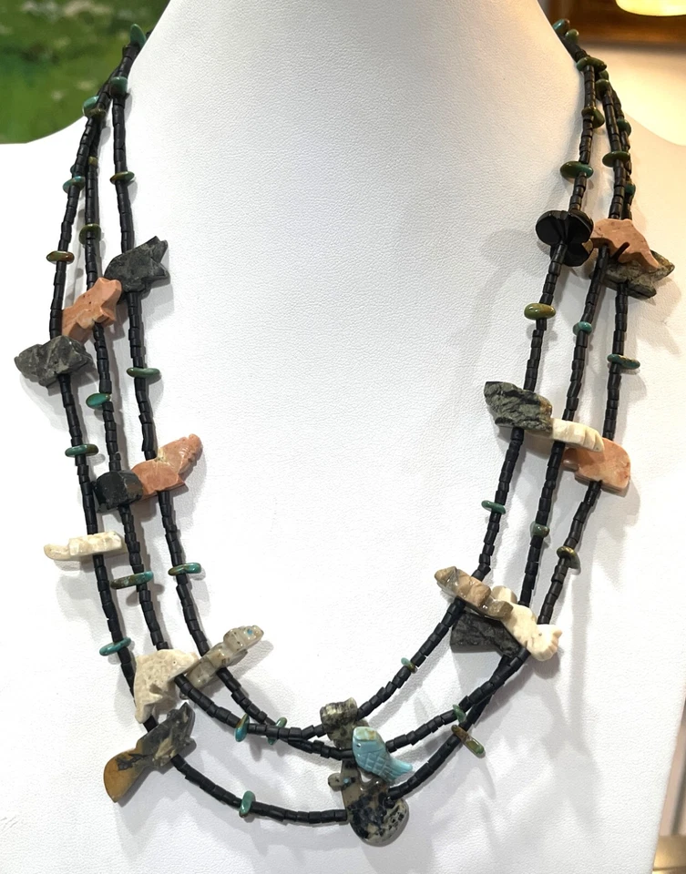 Multi Strand Layer Animal Fetish Turquoise Stone Frog Squirrel Bear Necklace